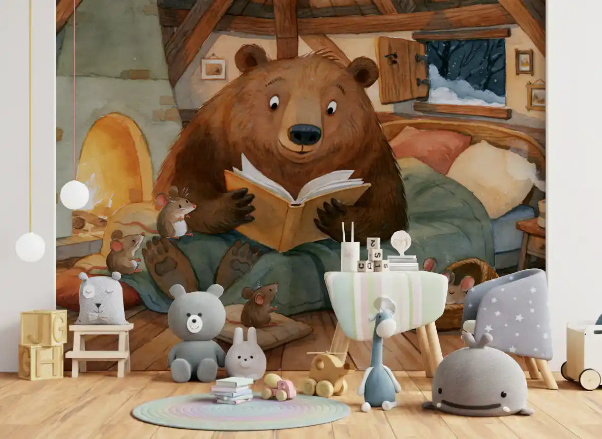 Panoramique mural scène hivernale dans une cabane avec un ours, des souris et une histoire au coin du feu en forêt