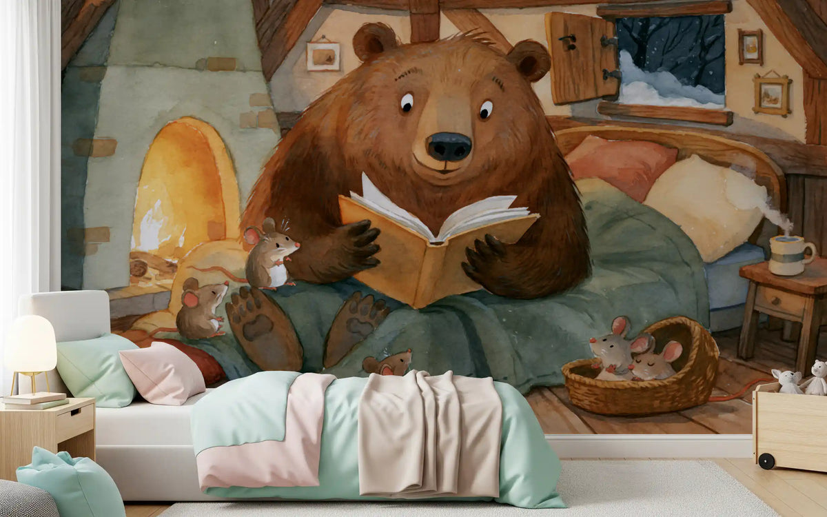 Panoramique mural scène hivernale dans une cabane avec un ours, des souris et une histoire au coin du feu en forêt
