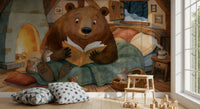 Panoramique mural scène hivernale dans une cabane avec un ours, des souris et une histoire au coin du feu en forêt