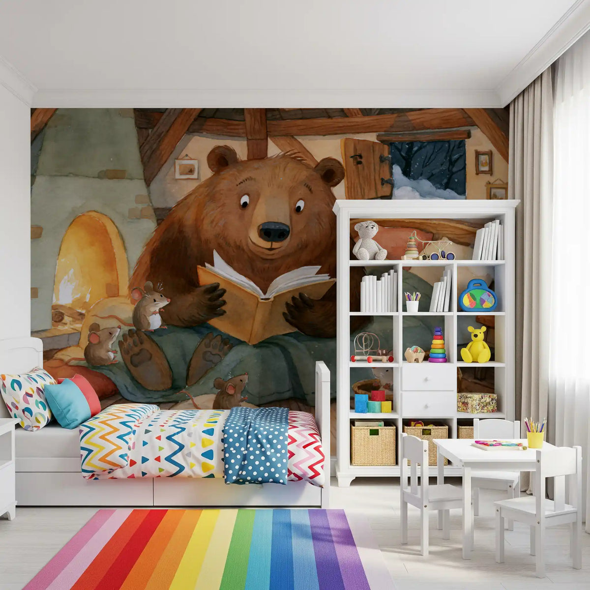 Panoramique mural scène hivernale dans une cabane avec un ours, des souris et une histoire au coin du feu en forêt