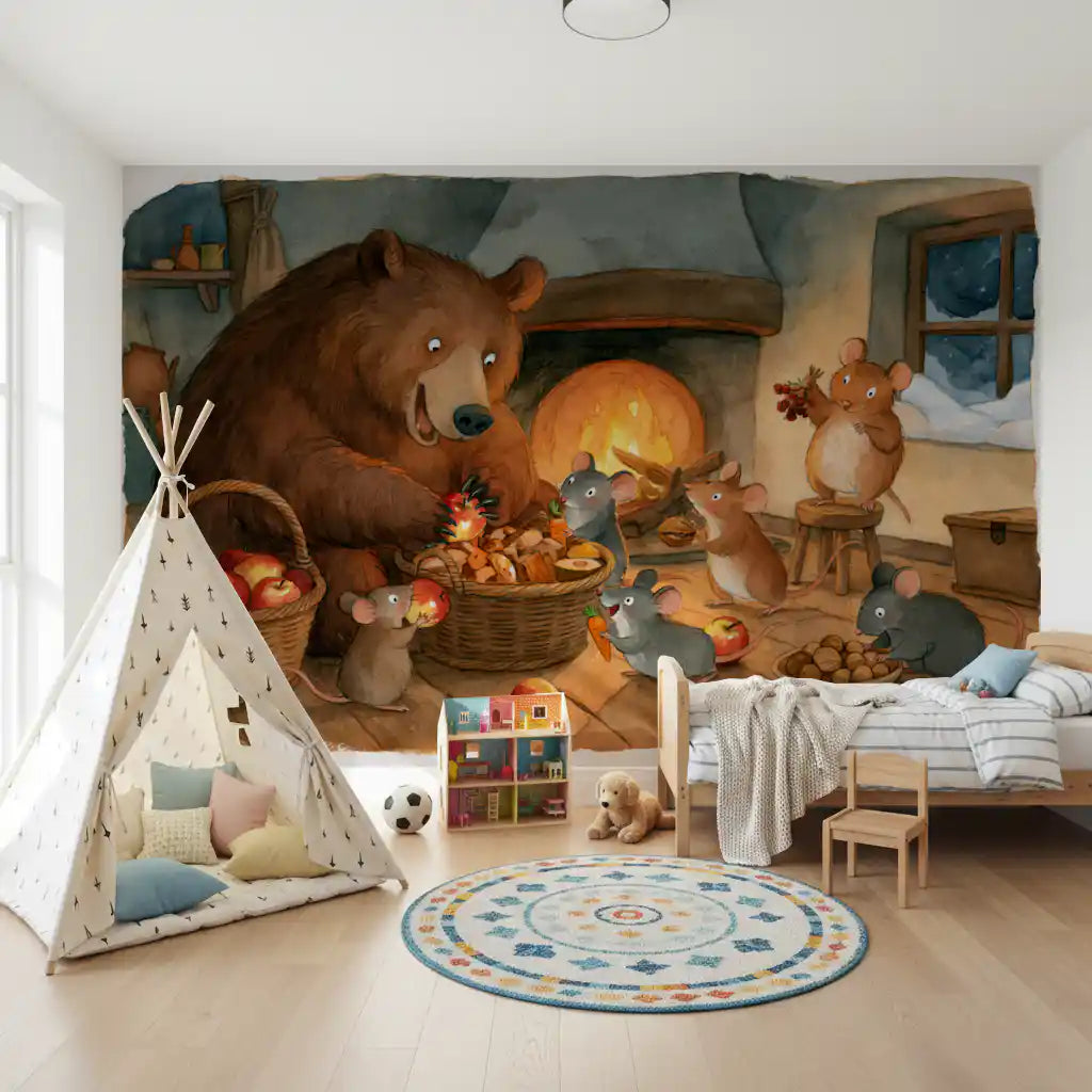 Wandbild mit Waldtieren: Bär mit Mäusen in einer gemütlichen Speisekammer eines Landhauses, Abenteuerszene