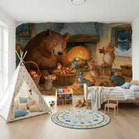 Wandbild mit Waldtieren: Bär mit Mäusen in einer gemütlichen Speisekammer eines Landhauses, Abenteuerszene