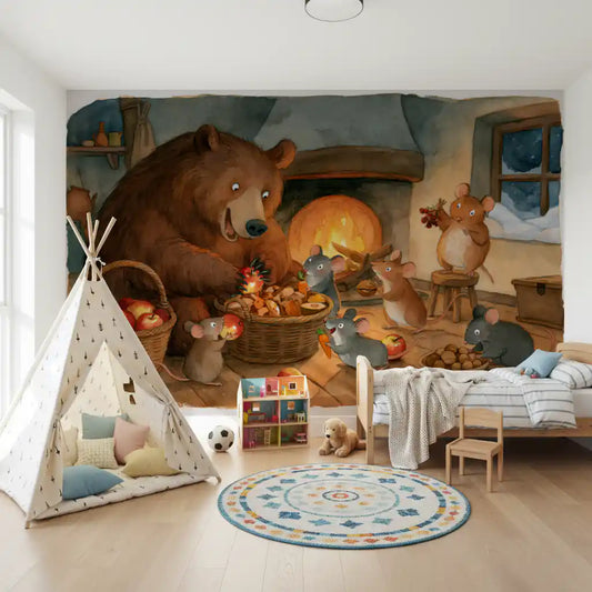 Wandbild mit Waldtieren: Bär mit Mäusen in einer gemütlichen Speisekammer eines Landhauses, Abenteuerszene
