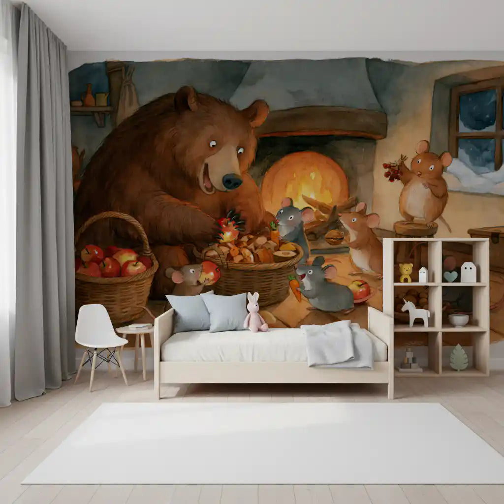 Wandbild mit Waldtieren: Bär mit Mäusen in einer gemütlichen Speisekammer eines Landhauses, Abenteuerszene