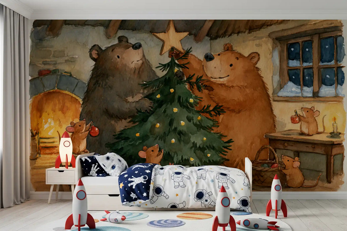 Waldtiere-Freunde: Bären schmücken einen Weihnachtsbaum mit kleinen Mäusen - Wandbild mit Geschichte