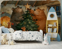 Waldtiere-Freunde: Bären schmücken einen Weihnachtsbaum mit kleinen Mäusen - Wandbild mit Geschichte