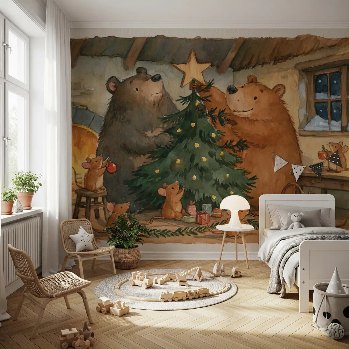 Waldtiere-Freunde: Bären schmücken einen Weihnachtsbaum mit kleinen Mäusen - Wandbild mit Geschichte