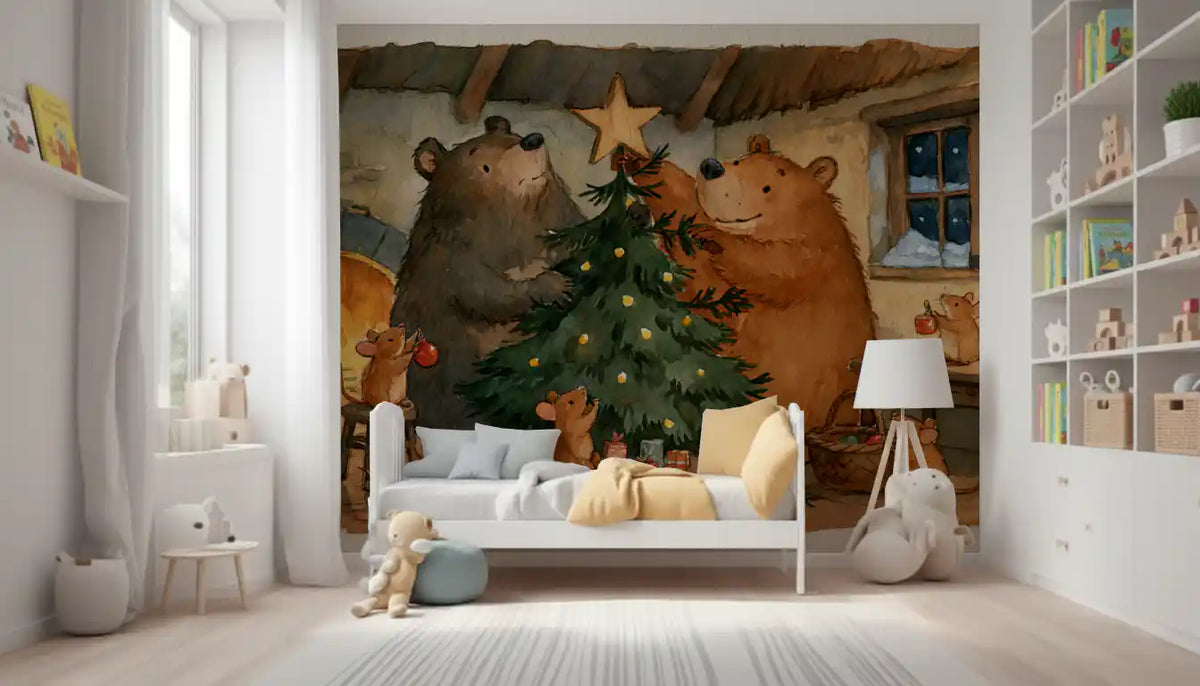 Waldtiere-Freunde: Bären schmücken einen Weihnachtsbaum mit kleinen Mäusen - Wandbild mit Geschichte