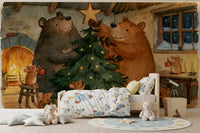 Waldtiere-Freunde: Bären schmücken einen Weihnachtsbaum mit kleinen Mäusen - Wandbild mit Geschichte