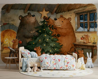 Waldtiere-Freunde: Bären schmücken einen Weihnachtsbaum mit kleinen Mäusen - Wandbild mit Geschichte