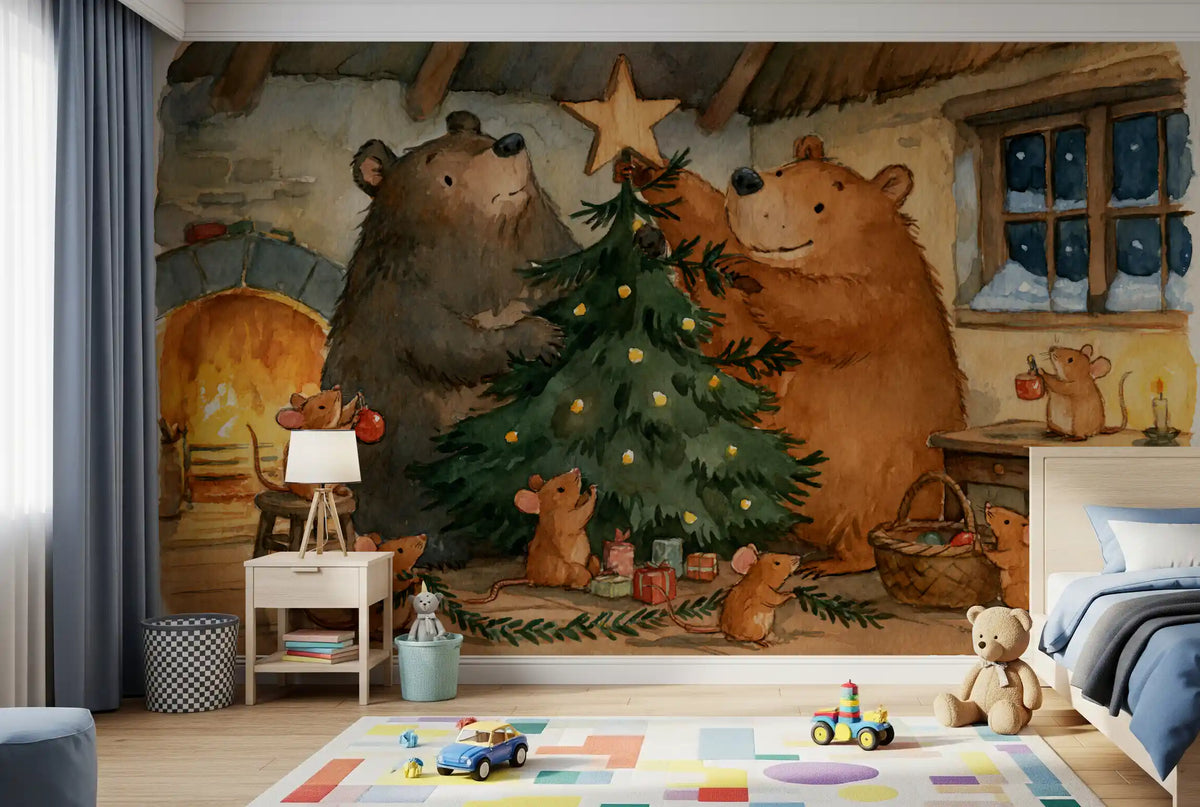 Waldtiere-Freunde: Bären schmücken einen Weihnachtsbaum mit kleinen Mäusen - Wandbild mit Geschichte