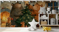 Waldtiere-Freunde: Bären schmücken einen Weihnachtsbaum mit kleinen Mäusen - Wandbild mit Geschichte