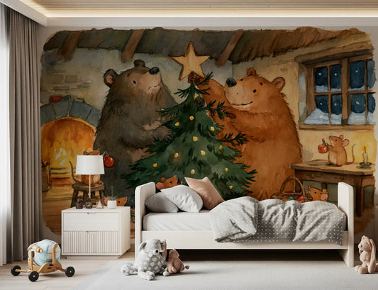 Waldtiere-Freunde: Bären schmücken einen Weihnachtsbaum mit kleinen Mäusen - Wandbild mit Geschichte
