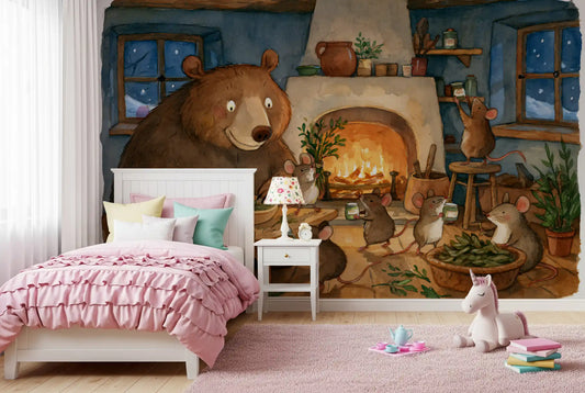 Wandbild „Waldtiere: Bär und Mäuse in einer gemütlichen Cottage-Küche – Märchenszene“