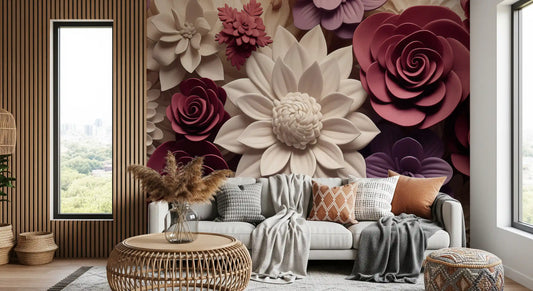 3D Velvet Bloom Dimensions in Burgundy and Lilac Wall Mural