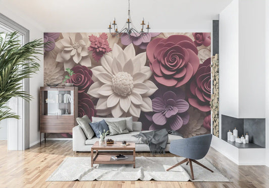 3D Velvet Bloom Dimensions in Burgundy and Lilac Wall Mural