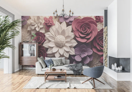 3D Velvet Bloom-afmetingen in bordeauxrood en lila voor een fotobehang