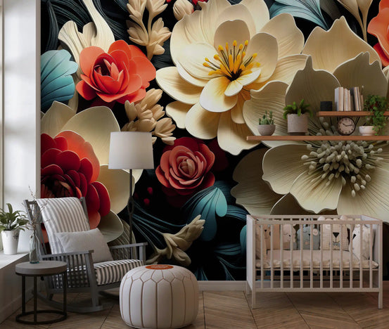 3D-bloemen in koraal en crème voor een fotobehang
