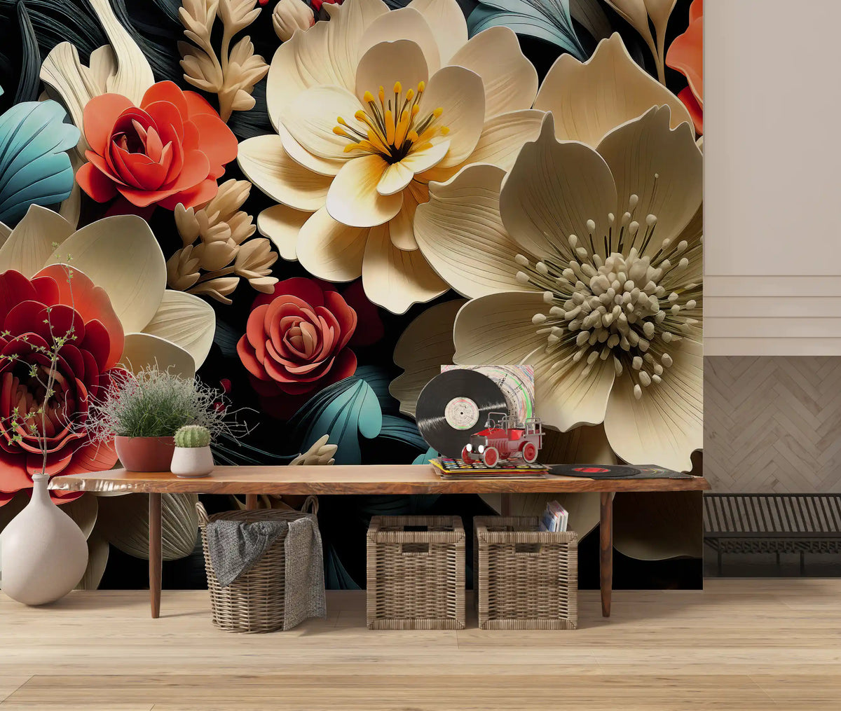 3D Flowers  Coral and Cream Wall Mural