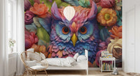 Papier peint panoramique mural représentant un hibou floral aux couleurs éclatantes