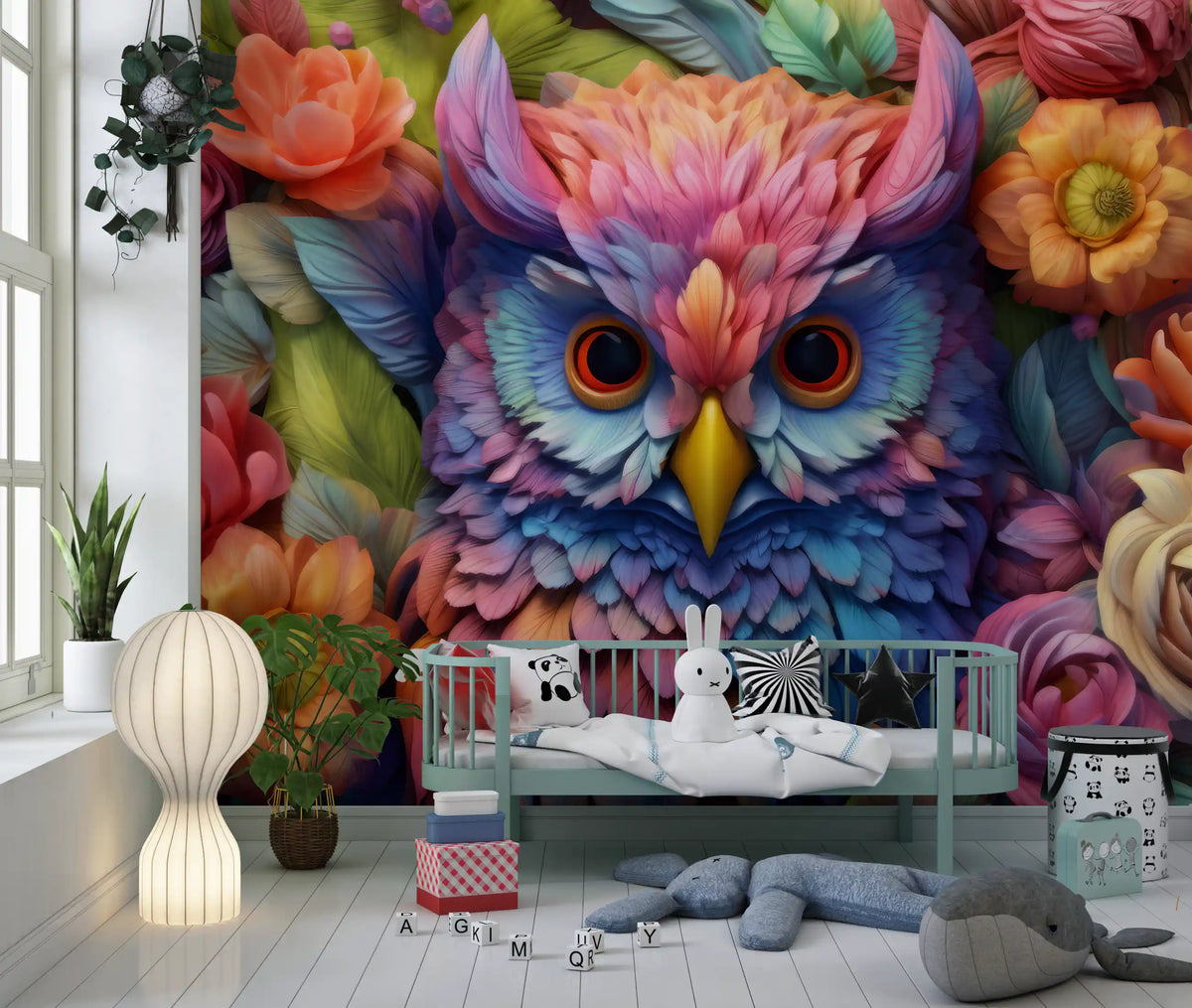 Papier peint panoramique mural représentant un hibou floral aux couleurs éclatantes