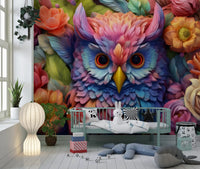 Papier peint panoramique mural représentant un hibou floral aux couleurs éclatantes