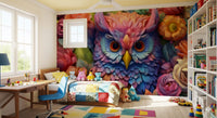Papier peint panoramique mural représentant un hibou floral aux couleurs éclatantes
