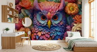 Papier peint panoramique mural représentant un hibou floral aux couleurs éclatantes