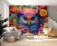 Papier peint panoramique mural représentant un hibou floral aux couleurs éclatantes