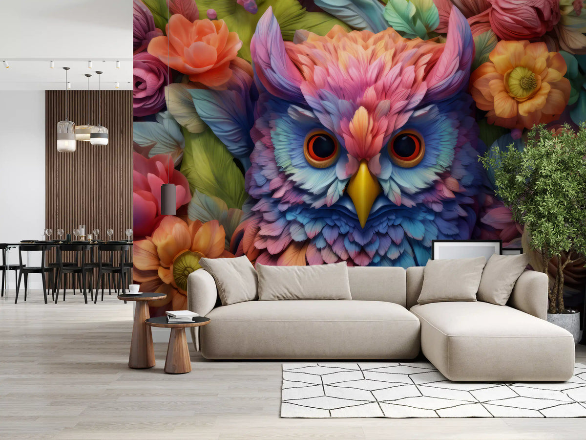 Papier peint panoramique mural représentant un hibou floral aux couleurs éclatantes