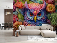 Papier peint panoramique mural représentant un hibou floral aux couleurs éclatantes