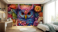 Papier peint panoramique mural représentant un hibou floral aux couleurs éclatantes