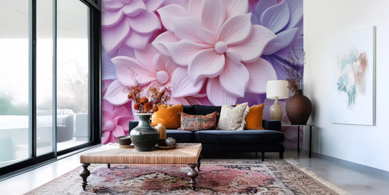 Wandmuurschildering met zachte pastel­kleurige 3D-bloemen