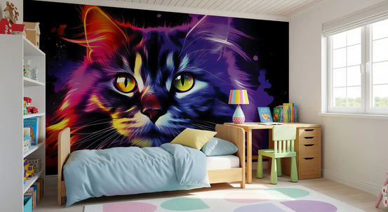 Neon kattenportret voor de hele muur