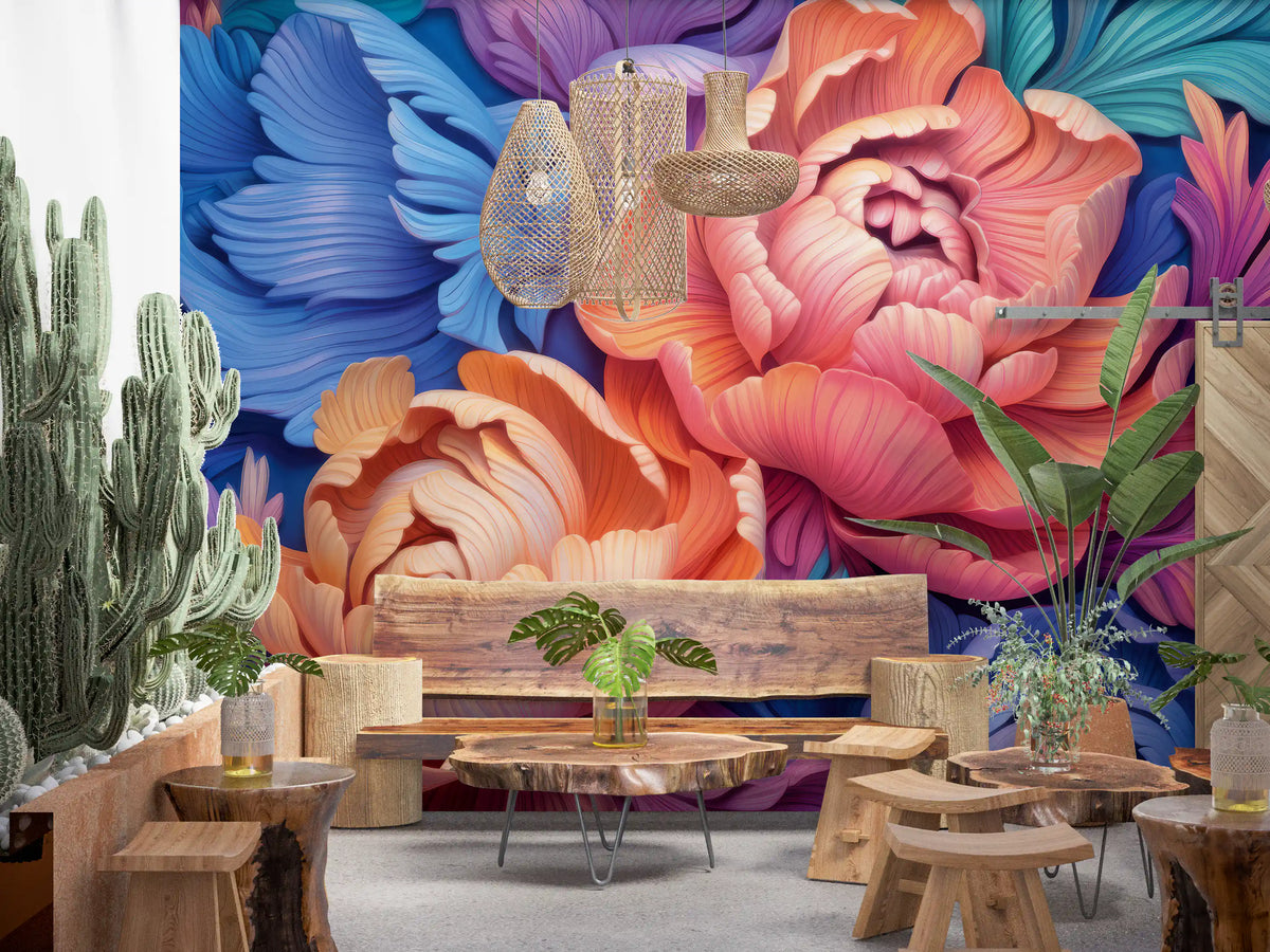 Papier peint panoramique artistique représentant une pivoine éclatante