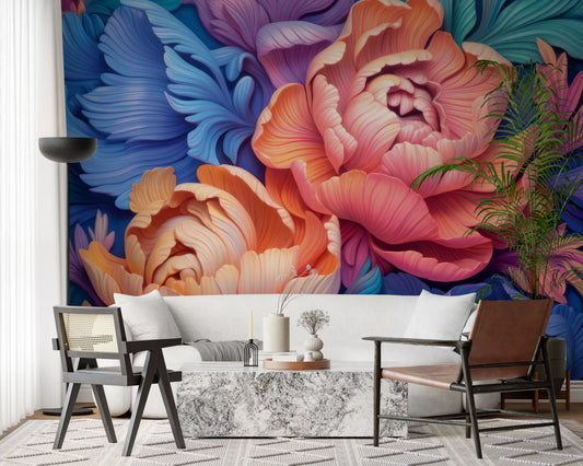 Künstlerisches Wandbild mit leuchtender Pfingstrosenblüte
