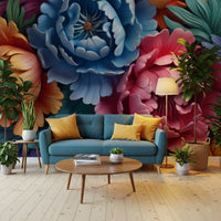 Papier peint panoramique mural représentant une composition botanique de pivoines éclatantes