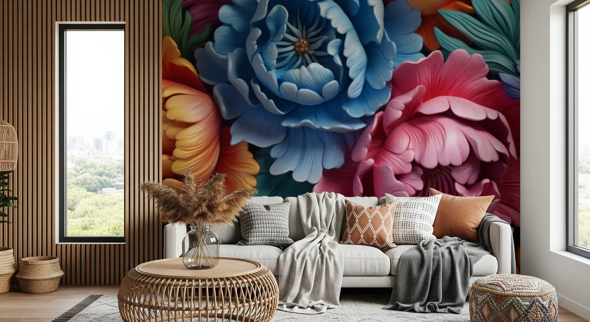 Papier peint panoramique mural représentant une composition botanique de pivoines éclatantes