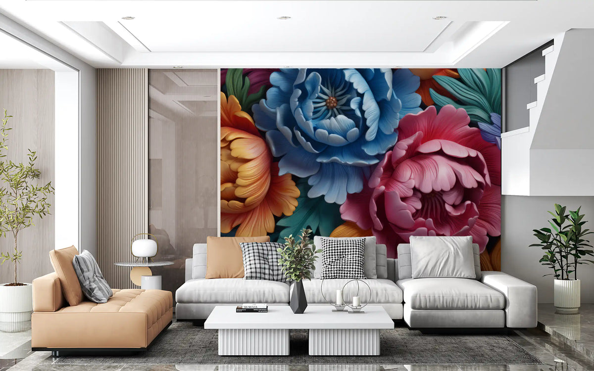 Papier peint panoramique mural représentant une composition botanique de pivoines éclatantes