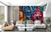 Papier peint panoramique mural représentant une composition botanique de pivoines éclatantes