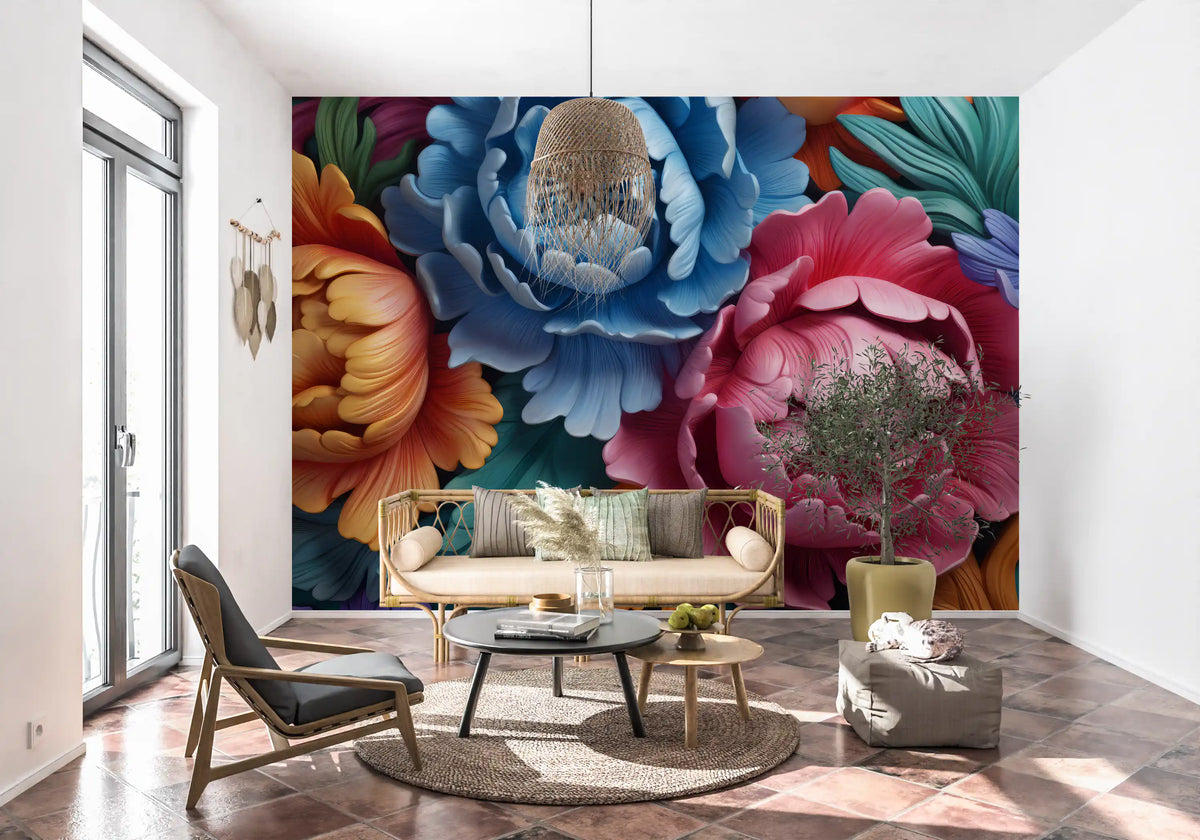 Papier peint panoramique mural représentant une composition botanique de pivoines éclatantes