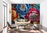 Papier peint panoramique mural représentant une composition botanique de pivoines éclatantes