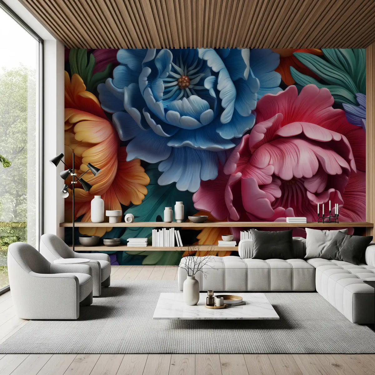 Papier peint panoramique mural représentant une composition botanique de pivoines éclatantes