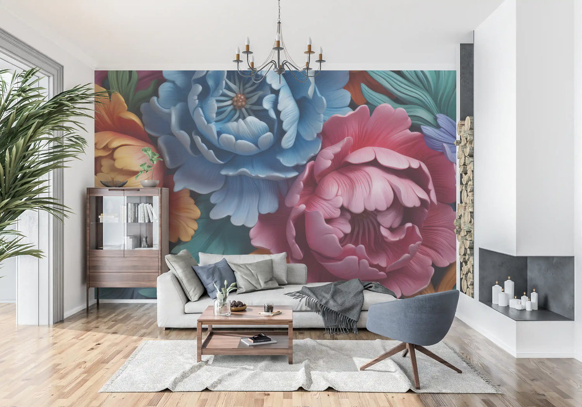 Papier peint panoramique mural représentant une composition botanique de pivoines éclatantes