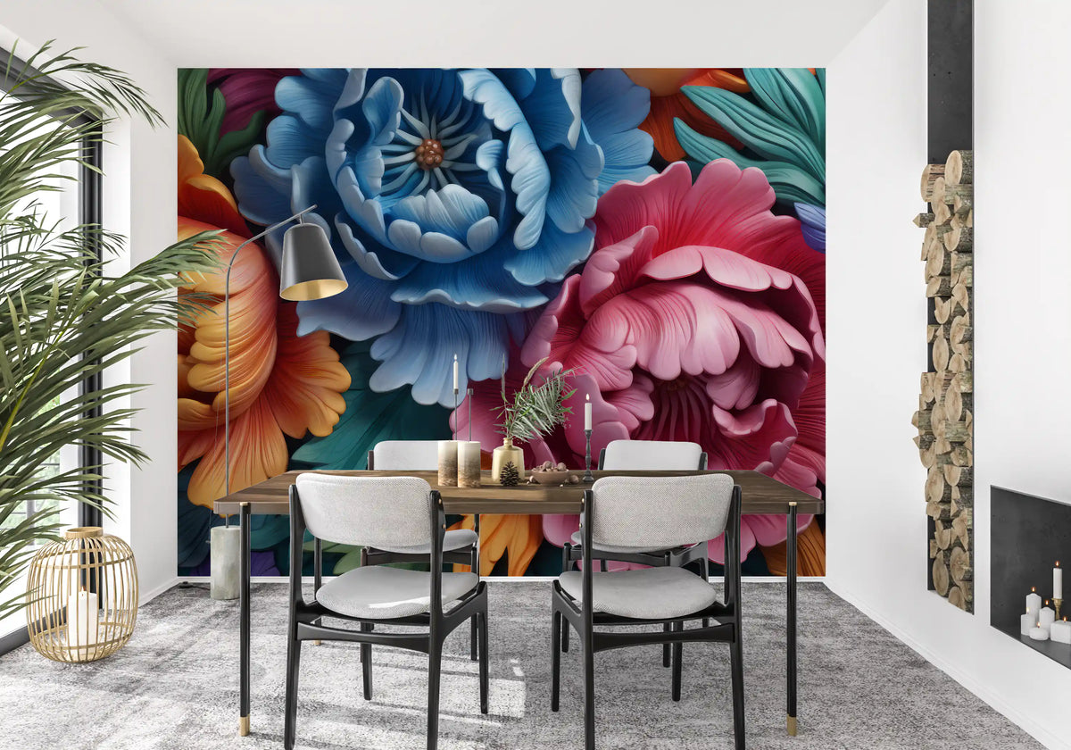 Papier peint panoramique mural représentant une composition botanique de pivoines éclatantes