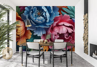 Papier peint panoramique mural représentant une composition botanique de pivoines éclatantes