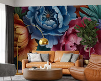 Papier peint panoramique mural représentant une composition botanique de pivoines éclatantes