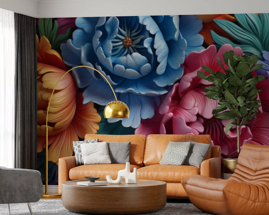 Papier peint panoramique mural représentant une composition botanique de pivoines éclatantes