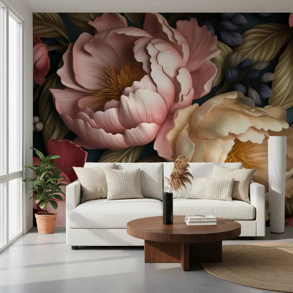 Papier peint panoramique botanique de jardin de pivoines rose poudré et crème