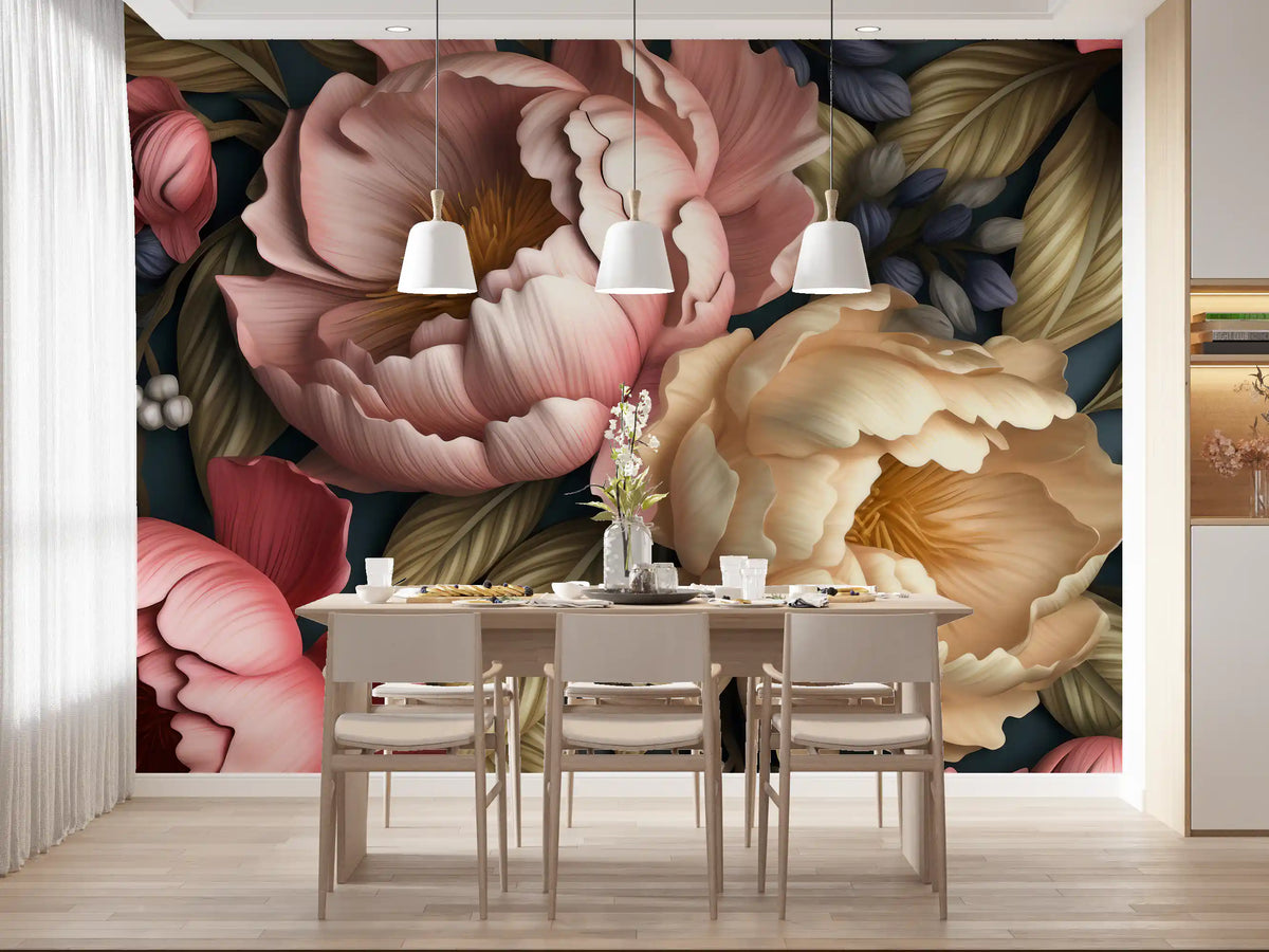 Papier peint panoramique botanique de jardin de pivoines rose poudré et crème